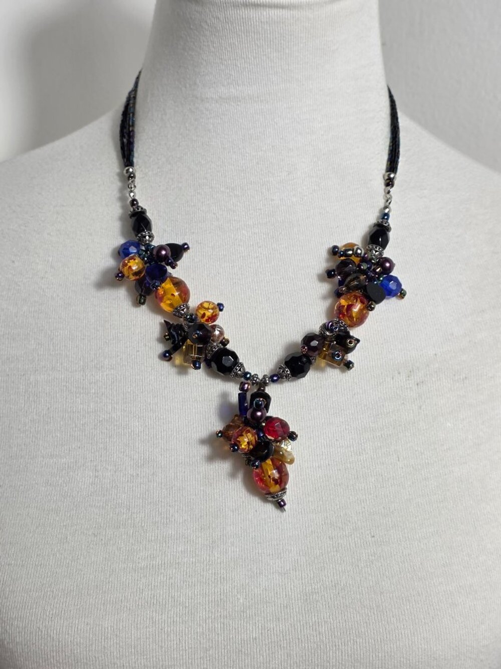 Boho Cluster Necklace Striking Mix of Amber, Cobalt & Black Faceted Beads